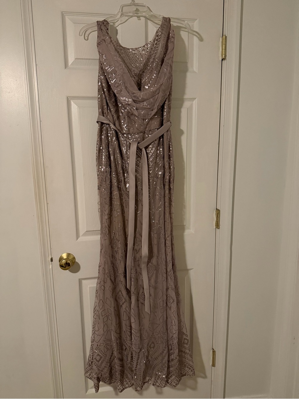 Sleeveless Taupe Sequin Maxi Dress with Cowl Neck and Self-Tie Waist